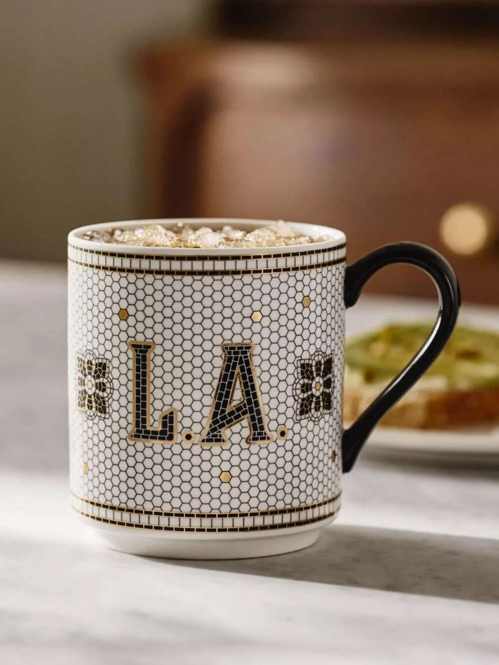 Anthropologie Bistro Tile Stoneware 24k Gold Accent Jetsetter Mug, LA